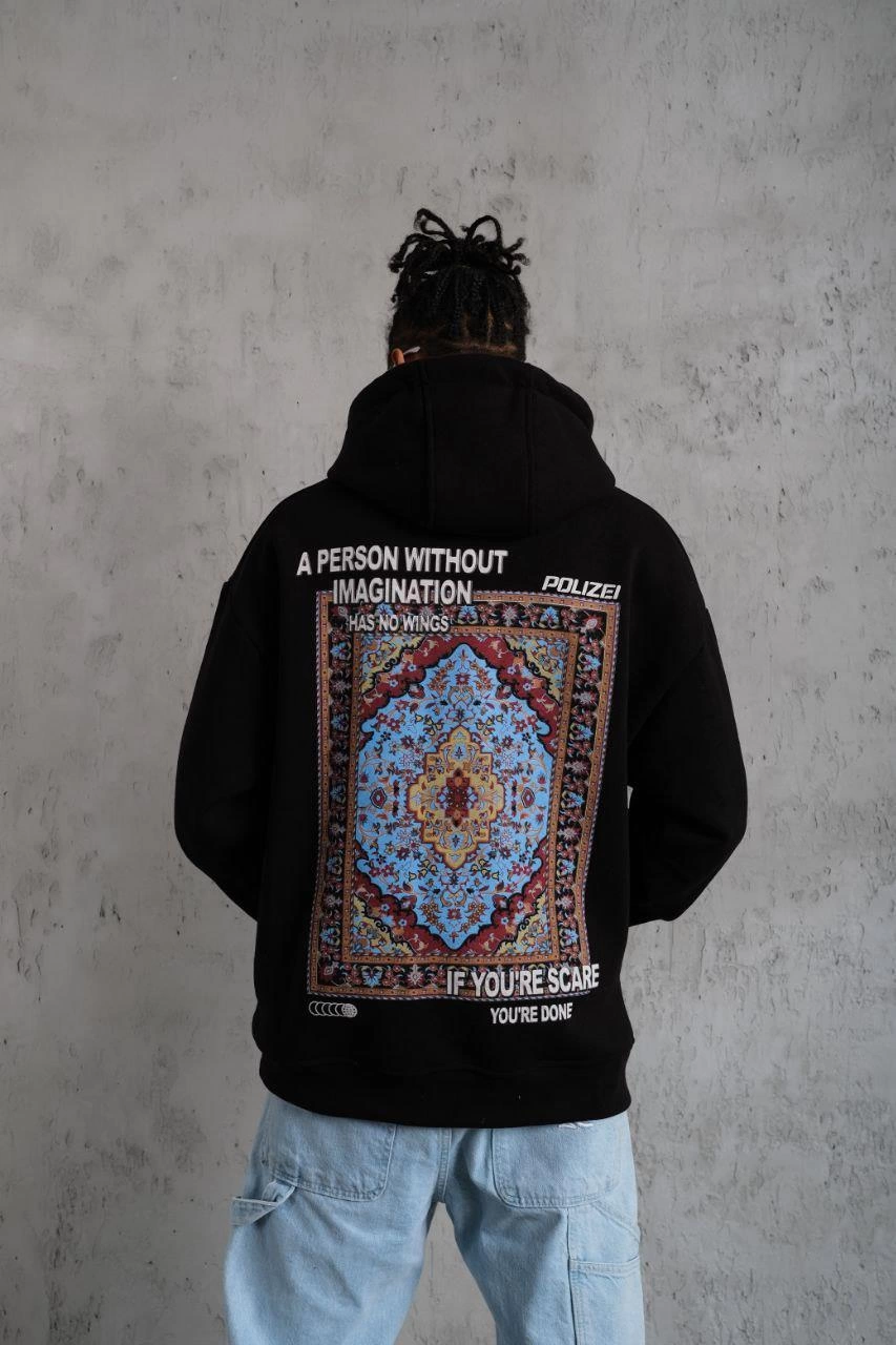 erkek-kilim-desen-kapusonlu-siyah-295168547-sw853sh1280 Erkek 3 İplik Pamuklu Kapüşonlu Baskılı Cepli Oversize Sweatshirt Hoodie - Siyah - Görsel 2