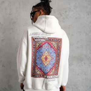 Erkek 3 İplik Pamuklu Kapüşonlu Baskılı Cepli Oversize Sweatshirt Hoodie - Beyaz