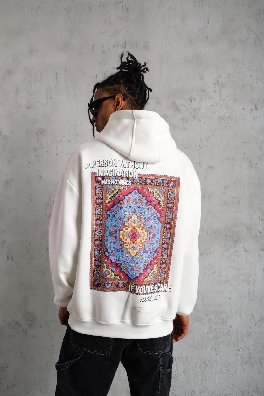 erkek-kilim-desen-kapusonlu-sweat-beyaz-148225314-sw853sh1280 Erkek 3 İplik Pamuklu Kapüşonlu Baskılı Cepli Oversize Sweatshirt Hoodie - Beyaz