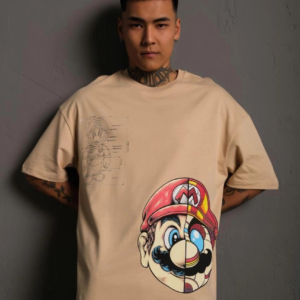 Erkek Mario Baskılı T-Shirt Oversize Kısa kol Bisiklet yaka tişort - Bej