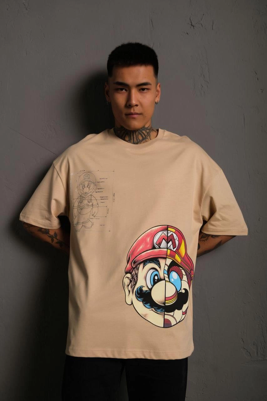 erkek-mario-baskili-oversize-t-shirt-bej-123157178-sw853sh1280 Erkek Mario Baskılı T-Shirt Oversize Kısa kol Bisiklet yaka tişort - Bej