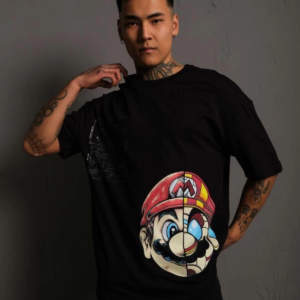 Erkek Mario Baskılı T-Shirt Oversize Kısa kol Bisiklet yaka tişort - Siyah