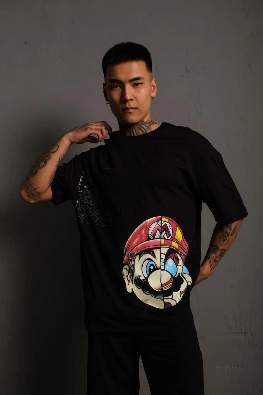 erkek-mario-baskili-oversize-t-shirt-siyah-152422226-sw853sh1280 Erkek Mario Baskılı T-Shirt Oversize Kısa kol Bisiklet yaka tişort - Siyah