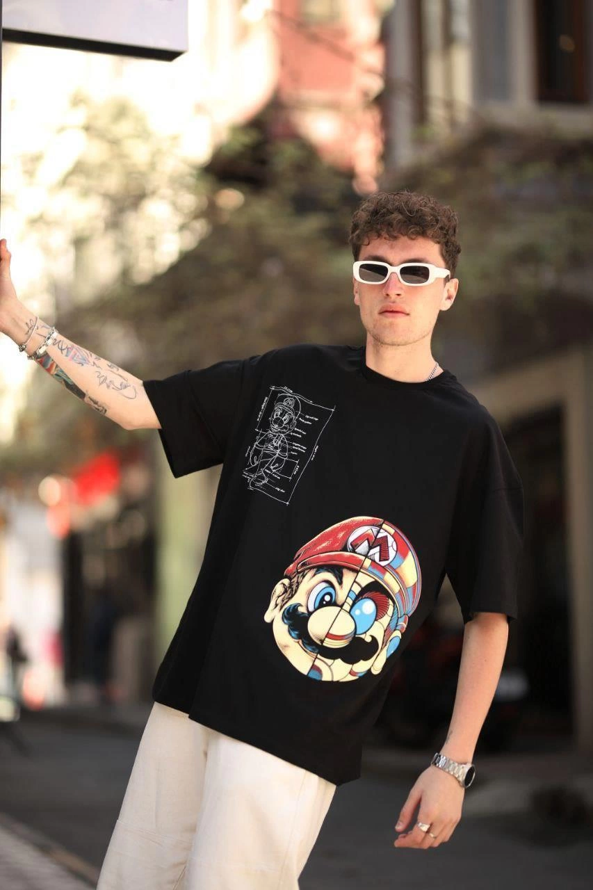 erkek-mario-baskili-oversize-t-shirt-siyah-261891067-sw853sh1280 Erkek Mario Baskılı T-Shirt Oversize Kısa kol Bisiklet yaka tişort - Siyah - Görsel 2