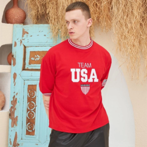 Erkek Bisiklet Yaka Tişört Nakış İşlemeli Kısa Kol Oversize T-Shirt - Kırmızı