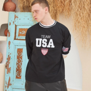 Erkek Bisiklet Yaka Tişört Nakış İşlemeli Kısa Kol Oversize T-ShirtSiyah
