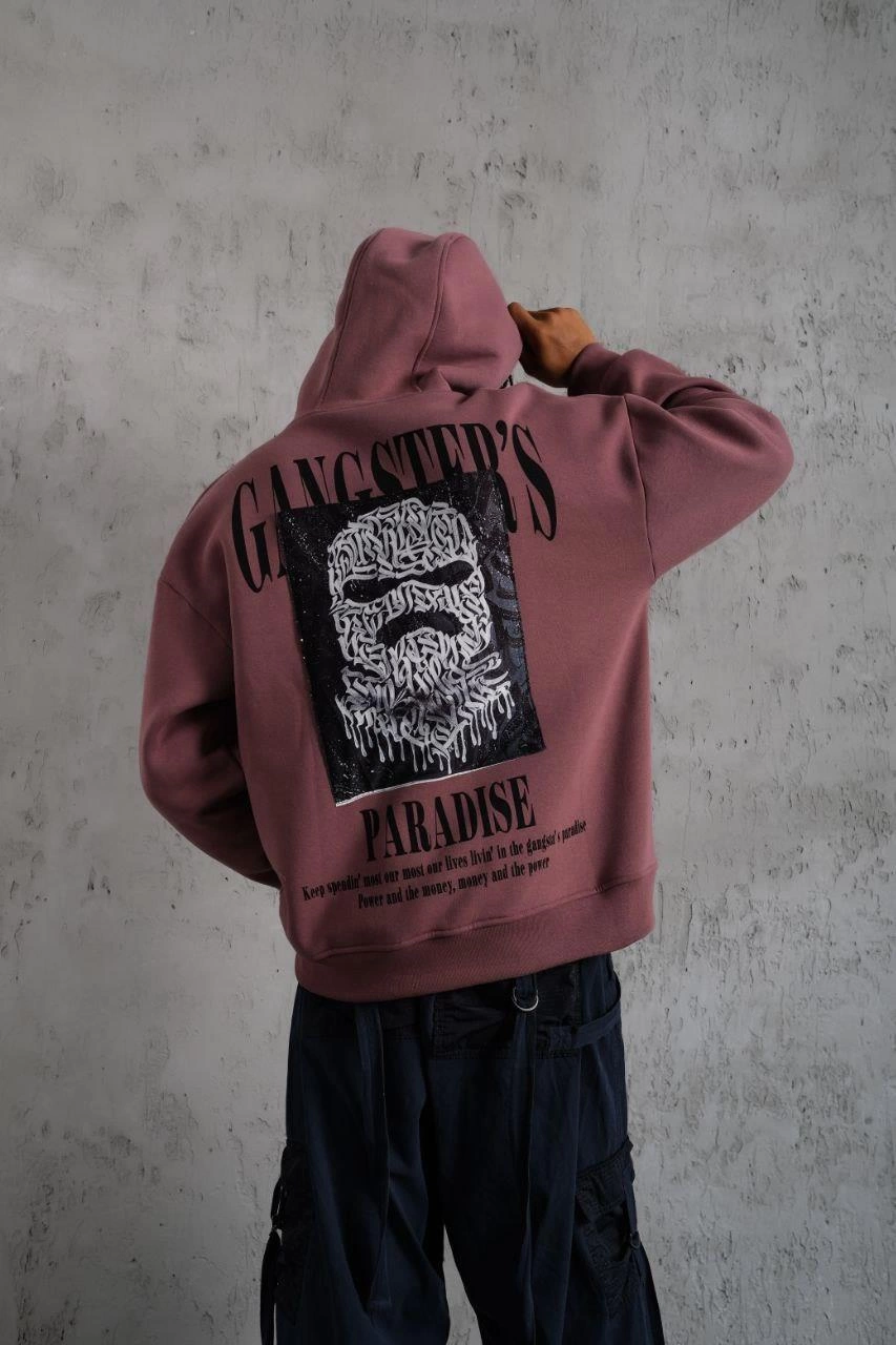 erkek-paradise-baskili-kapusonlu-sweat-gul-kurusu-280328412-sw853sh1280 Erkek 3 İplik Pamuklu Kapüşonlu Baskılı Cepli Oversize Sweatshirt Hoodie - Gül Kurusu - Görsel 2