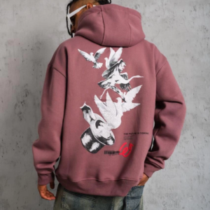 Erkek 3 İplik Pamuklu Kapüşonlu Baskılı Cepli Oversize Sweatshirt Hoodie - Gül Kurusu