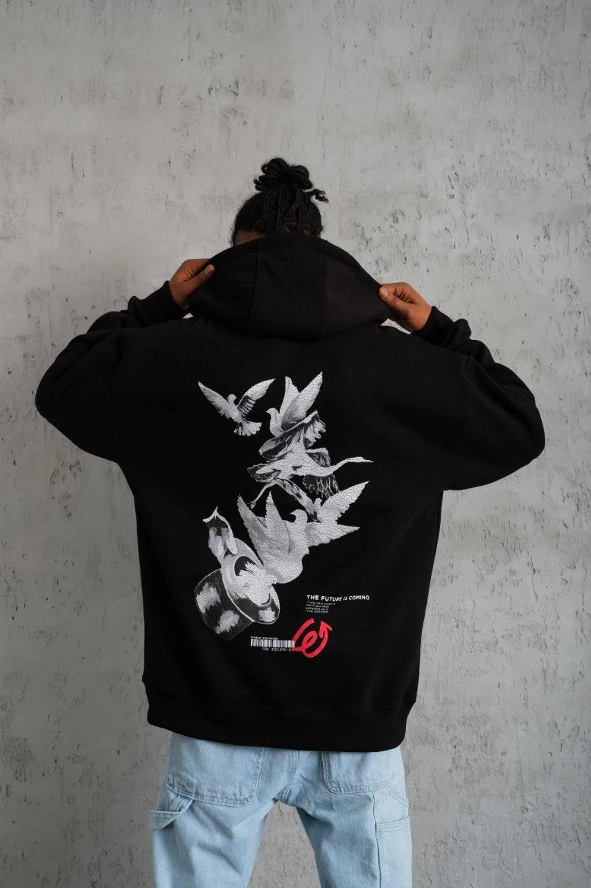 erkek-sapkali-guvercin-baskili-kapsonlu-sweat-siyah-160678948-sw853sh1280 Erkek 3 İplik Pamuklu Kapüşonlu Baskılı Cepli Oversize Sweatshirt Hoodie - Siyah