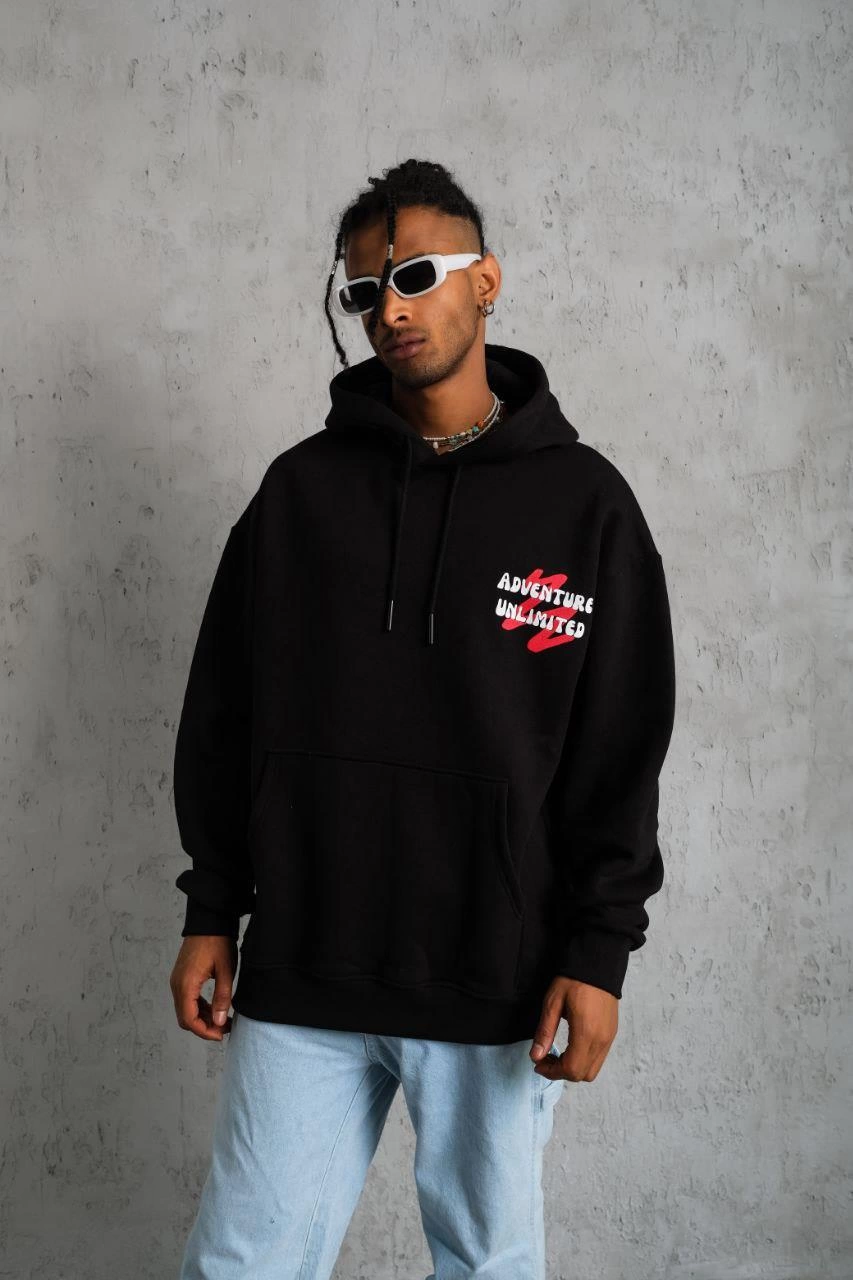 erkek-sapkali-guvercin-baskili-kapsonlu-sweat-siyah-237713161-sw853sh1280 Erkek 3 İplik Pamuklu Kapüşonlu Baskılı Cepli Oversize Sweatshirt Hoodie - Siyah - Görsel 2
