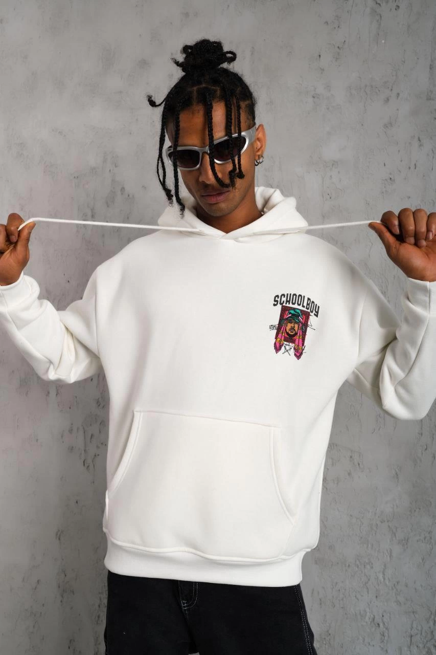 erkek-school-boy-baskili-kapusonlu-sweat-beyaz-232015358-sw853sh1280 Erkek 3 İplik Pamuklu Kapüşonlu Baskılı Cepli Oversize Sweatshirt Hoodie - Beyaz - Görsel 2