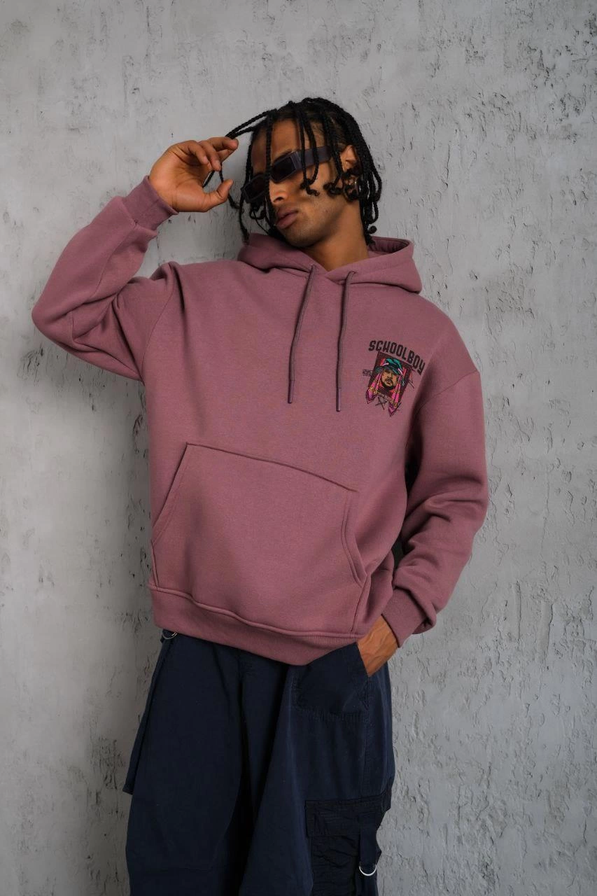erkek-school-boy-baskili-kapusonlu-sweat-gul-kurusu-221425459-sw853sh1280 Erkek 3 İplik Pamuklu Kapüşonlu Baskılı Cepli Oversize Sweatshirt Hoodie - Gül Kurusu - Görsel 2