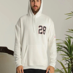 Erkek 3 İplik Pamuklu Kapüşonlu Baskılı Cepli Oversize Sweatshirt Hoodie - Beyaz