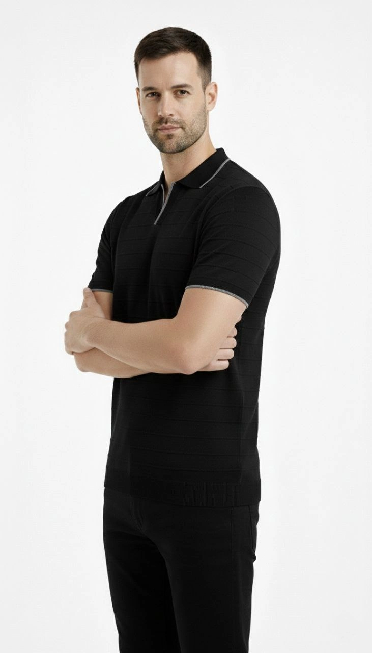 erkek-triko-kumas-yakali-dugmesiz-acik-yaka-fitilli-kisa-kollu-regular-fit-tisort-t-shirt-siyah-31785130-sw731sh1280 Erkek Yazlık Dokuma Triko Tişört Düğmesiz Polo Yaka Kısa Kol T-Shirt - Siyah