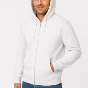 Erkek 3 İplik Pamuklu Kapüşonlu Tam Fermuarlı Cepli Hoodie Sweatshirt - Beyaz