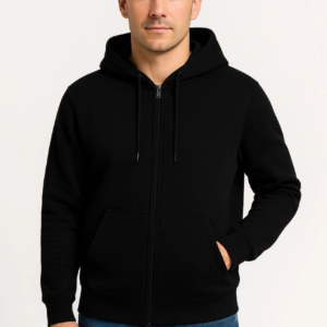 Erkek 3 İplik Pamuklu Kapüşonlu Tam Fermuarlı Cepli Hoodie Sweatshirt - Siyah