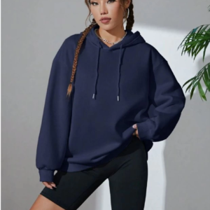 Kadın Kapüşonlu Kanguru Cepli 3 İplik Pamuklu Oversize Hoodie Sweatshirt - Lacivert