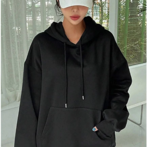 Kadın Kapüşonlu Kanguru Cepli 3 İplik Pamuklu Oversize Hoodie Sweatshirt - Siyah