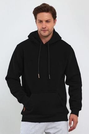 erkek-uzun-kol-kapsonlu-basic-sweatshirt-hoodie-siyah-28719316-sw287sh430 Erkek 3 İplik Pamuklu Kapüşonlu Cepli Oversize Hoodie Sweatshirt - Siyah