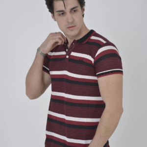 Erkek Polo Yaka tişört Slim Fit Dokuma Çizgili Kısa kol T-Shirt - Bordo