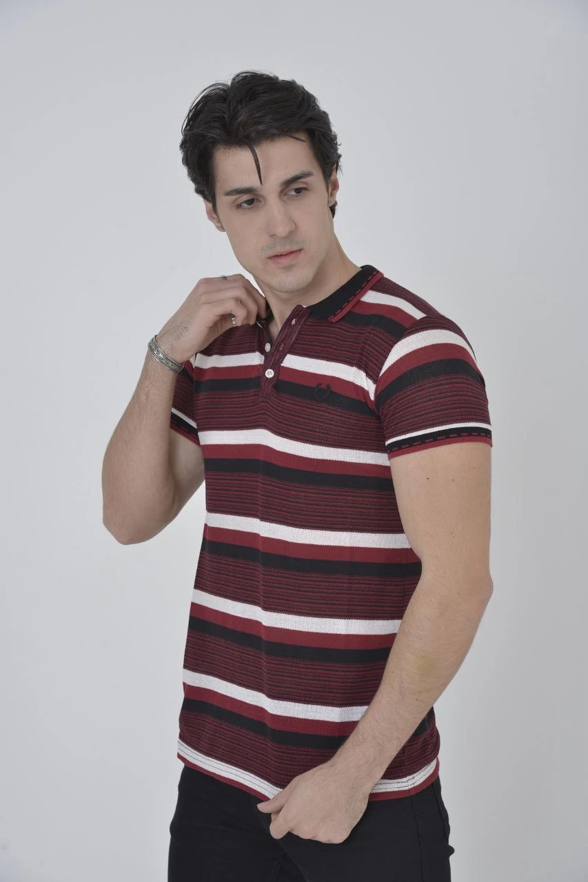 erkek-yakali-slim-fit-dokuma-cizgili-t-shirt-bordo-85939716-sw853sh1280 Erkek Polo Yaka tişört Slim Fit Dokuma Çizgili Kısa kol T-Shirt - Bordo