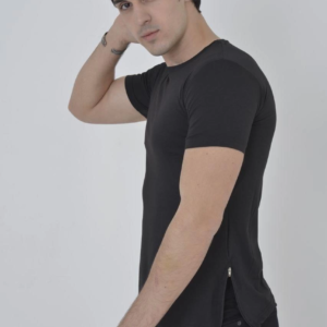 Erkek Yanlardan Fermuarlı T-Shirt Kısa Kol Bisiklet Yaka Slimfit Tişört - Siyah