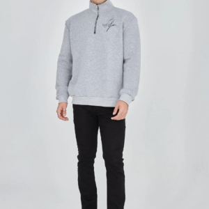 Erkek Yarım Fermuarlı Baskılı 3 iplik pamuklu sweatshirt - Gri