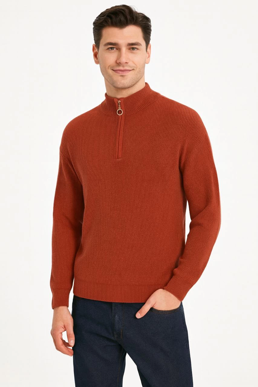 erkek-yarim-fermuarli-triko-kazak-selanik-orgu-dik-yaka-pamuklu-dokuma-regular-fit-uzun-kollu-kislik-model-kiremit-36232031-sw853sh1280 Erkek Yarım Fermuarlı Triko Kazak Selanik Örgü Dik Yaka Pamuklu Dokuma Regular - Kiremit - Görsel 2