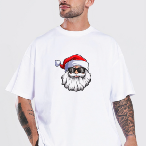 Yılbaşı Gözlüklü Noel Baba Baskılı Kısa Kollu Oversize Bisiklet Yaka T-shirt - Beyaz