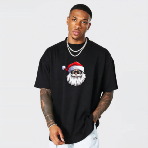 Yılbaşı Gözlüklü Noel Baba Baskılı Kısa Kollu Oversize Bisiklet Yaka T-shirt - Siyah