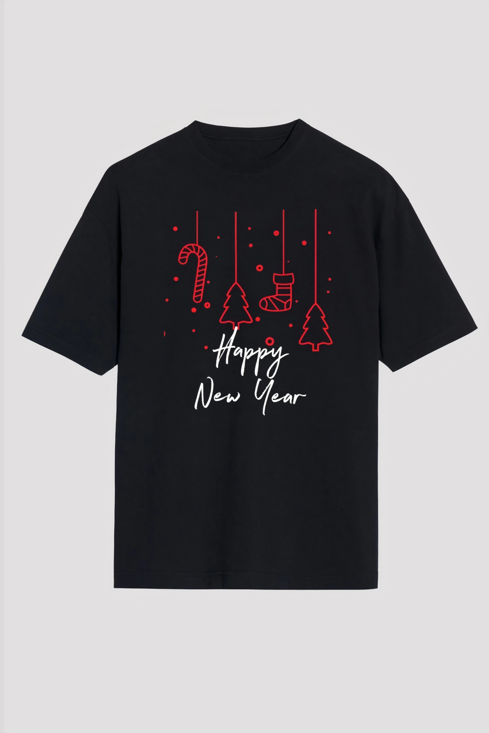happy-new-year-baskili-t-shirt-siyah-90647234-sw2400sh3600 Yılbaşı Happy New Year Baskılı Kısa Kollu Oversize Bisiklet Yaka T-shirt - Siyah