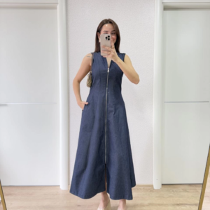 Kadın Jeans Kot Önü Tam Fermuarlı Uzun Elbise - Mavi