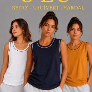 Kadın 3’lü Kolsuz Sporcu Atlet Seti Yazlık Bisiklet Yakalı - Beyaz, Lacivert, Hardal