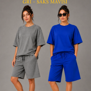 Kadın 2’li Oversize Tişört Şort Takım Seti Yazlık İki İplik Kumaş - Gri, Saks Mavisi