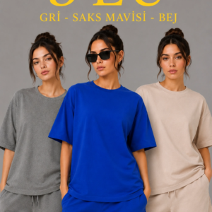 Kadın 3’lü Oversize Tişört Şort Takım Seti Yazlık İki İplik Kumaş - Gri, Saks Mavisi, Bej