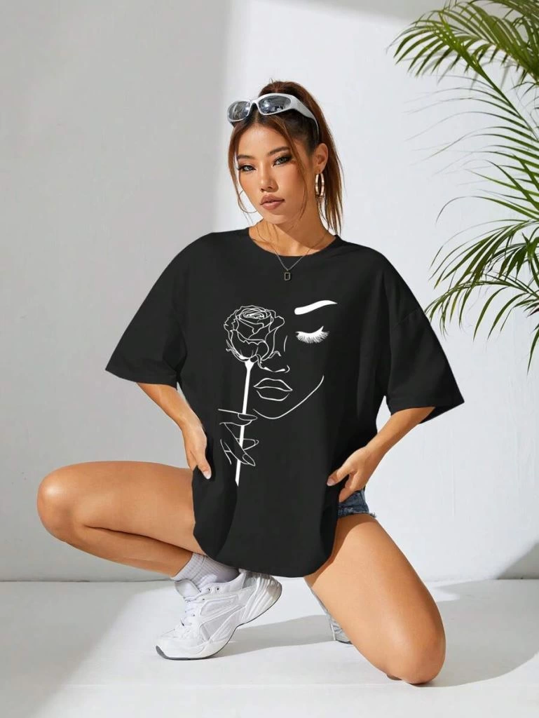 kadin-baskili-oversize-t-shirt-siyah-3497836-sw769sh1024 Kadın Tişört Baskılı Kısa kol Oversize T-shirt - Siyah - Görsel 2