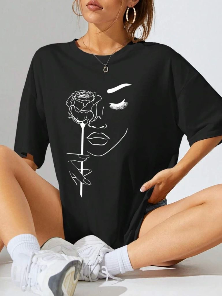 kadin-baskili-oversize-t-shirt-siyah-3581074-sw769sh1024 Kadın Tişört Baskılı Kısa kol Oversize T-shirt - Siyah