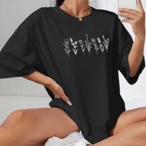 Kadın Baskılı T-Shirt Kısa Kol Bisiklet Yaka Oversize Rahat Kalıp Tişört - Siyah