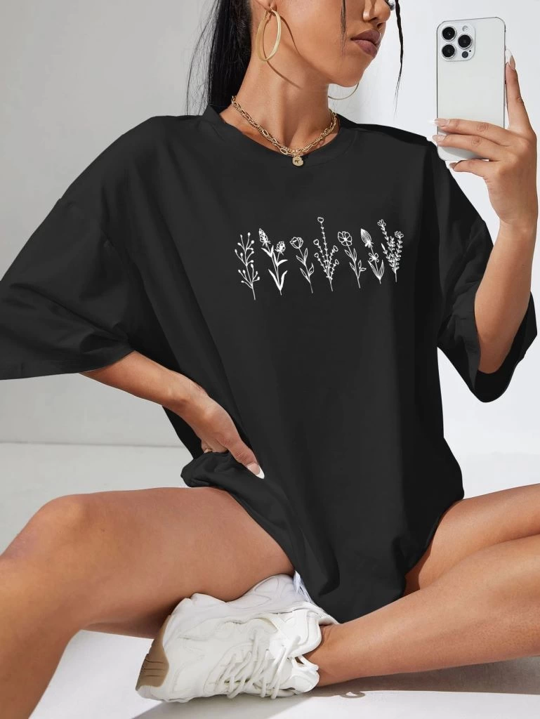 kadin-baskili-oversize-t-shirt-siyah-46297360-sw769sh1024 Kadın Baskılı T-Shirt Kısa Kol Bisiklet Yaka Oversize Rahat Kalıp Tişört - Siyah