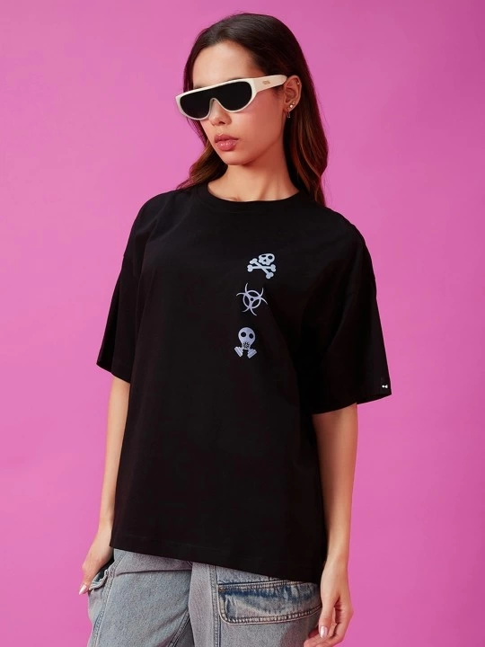 kadin-baskili-oversize-t-shirt-siyah-63701943-sw540sh720 Kadın Kısa Kol Yazlık Tişört Bisiklet Yaka Baskılı Oversize T-Shirt - Siyah