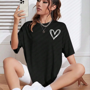 Kadın Tişört Bisiklet Yaka Baskılı Oversize T-Shirt - Siyah