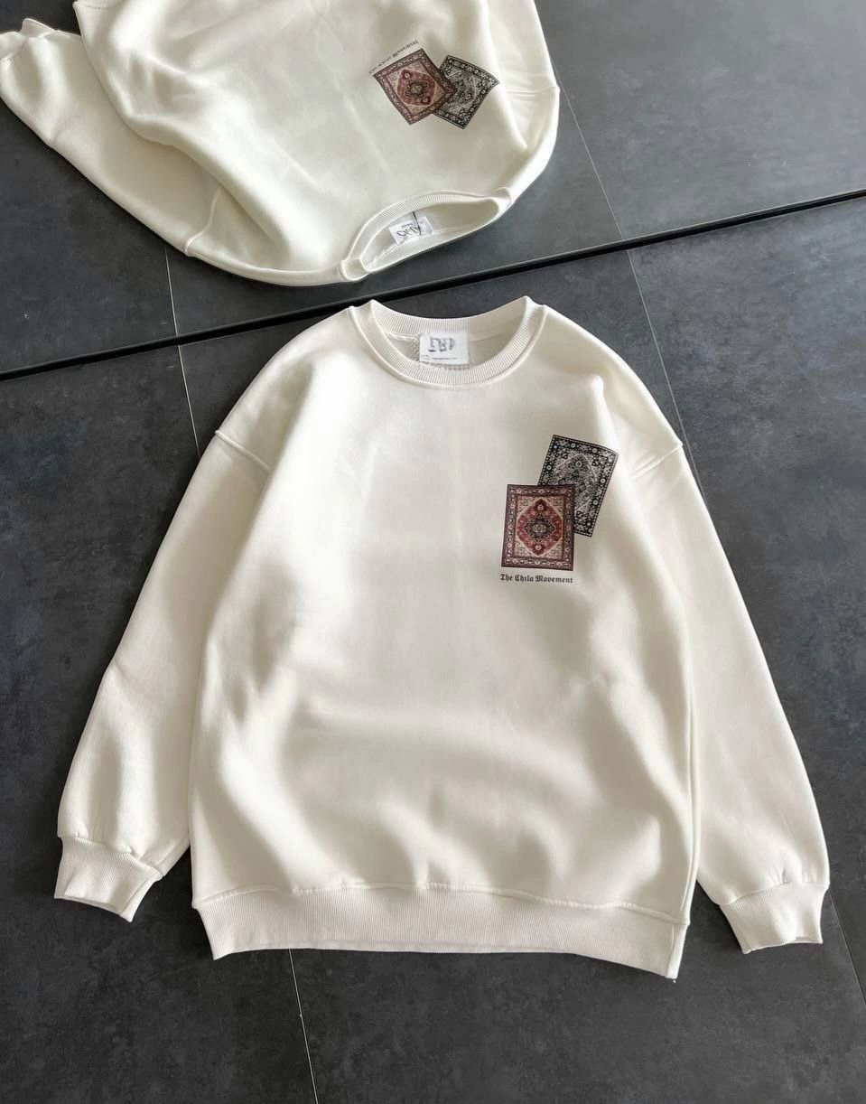 kadin-bisiklet-yaka-baskili-sweatshirt-beyaz-99598167-sw959sh1222 Kadın Bisiklet Yaka Kilim Halı Baskılı 3 İplik Pamuklu Sweatshirt - Beyaz