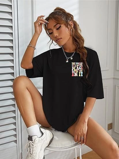 kadin-bisiklet-yaka-baskili-t-shirt-siyah-28662010-sw413sh550 Kadın Baskılı T-Shirt Kısa Kol Bisiklet Yaka Oversize Rahat Kalıp Tişört - Siyah