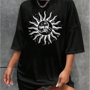 Kadın Baskılı T-Shirt Kısa Kol Bisiklet Yaka Regular Fit Rahat Kalıp Tişört - Siyah