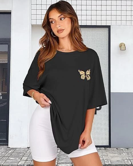 kadin-bisiklet-yaka-baskili-t-shirt-siyah-31069162-sw466sh583 Kadın Baskılı T-Shirt Kısa Kol Bisiklet Yaka Oversize Rahat Kalıp Tişört - Siyah - Görsel 2