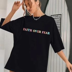 Kadın Baskılı T-Shirt Kısa Kol Bisiklet Yaka Oversize Rahat Kalıp Tişört - Siyah