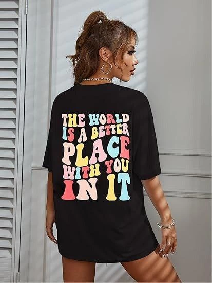 kadin-bisiklet-yaka-baskili-t-shirt-siyah-74116598-sw413sh550 Kadın Baskılı T-Shirt Kısa Kol Bisiklet Yaka Oversize Rahat Kalıp Tişört - Siyah - Görsel 2