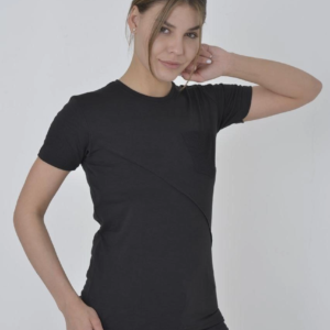 Kadın File Cepli T-Shirt Kısa Kol Bisiklet Yaka Slimfit Tişört - Siyah