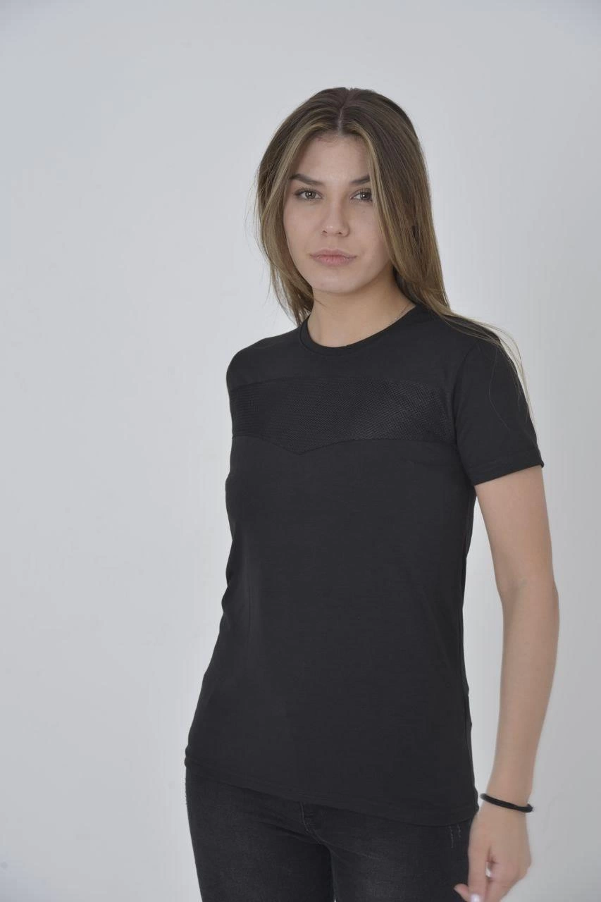 kadin-gogus-fileli-slim-fit-t-shirt-siyah-171788171-sw853sh1280 Kadın Gögüs Fileli T-Shirt Kısa Kol Bisiklet Yaka Slimfit Tişört - Siyah