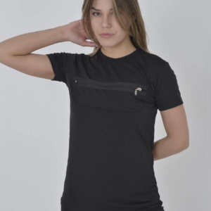 Kadın Gögüs Fermuarlı T-Shirt Kısa Kol Bisiklet Yaka Slimfit Tişört - Siyah